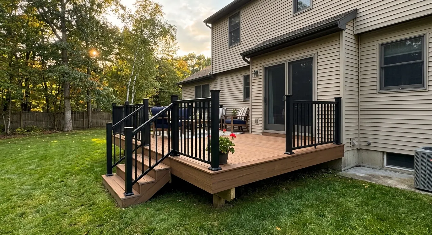 New composite backyard deck with black aluminum railing built by ProGuard