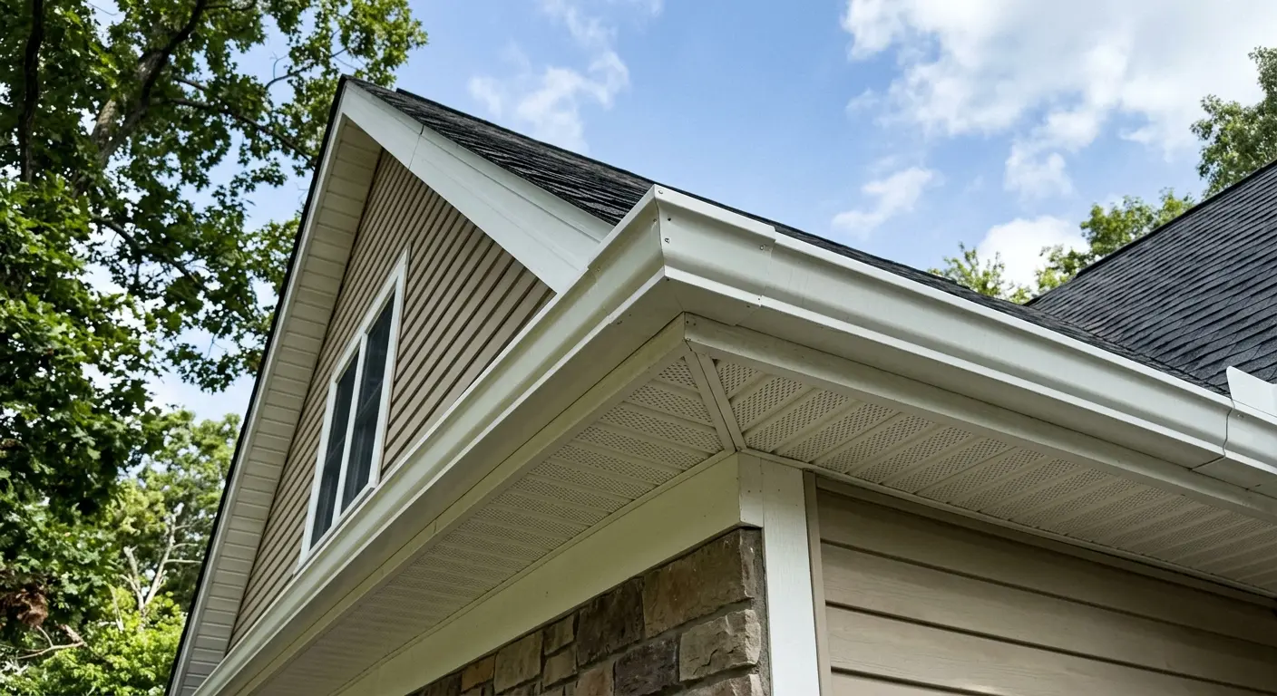 New white seamless gutters, fascia, and vented soffit installed by ProGuard